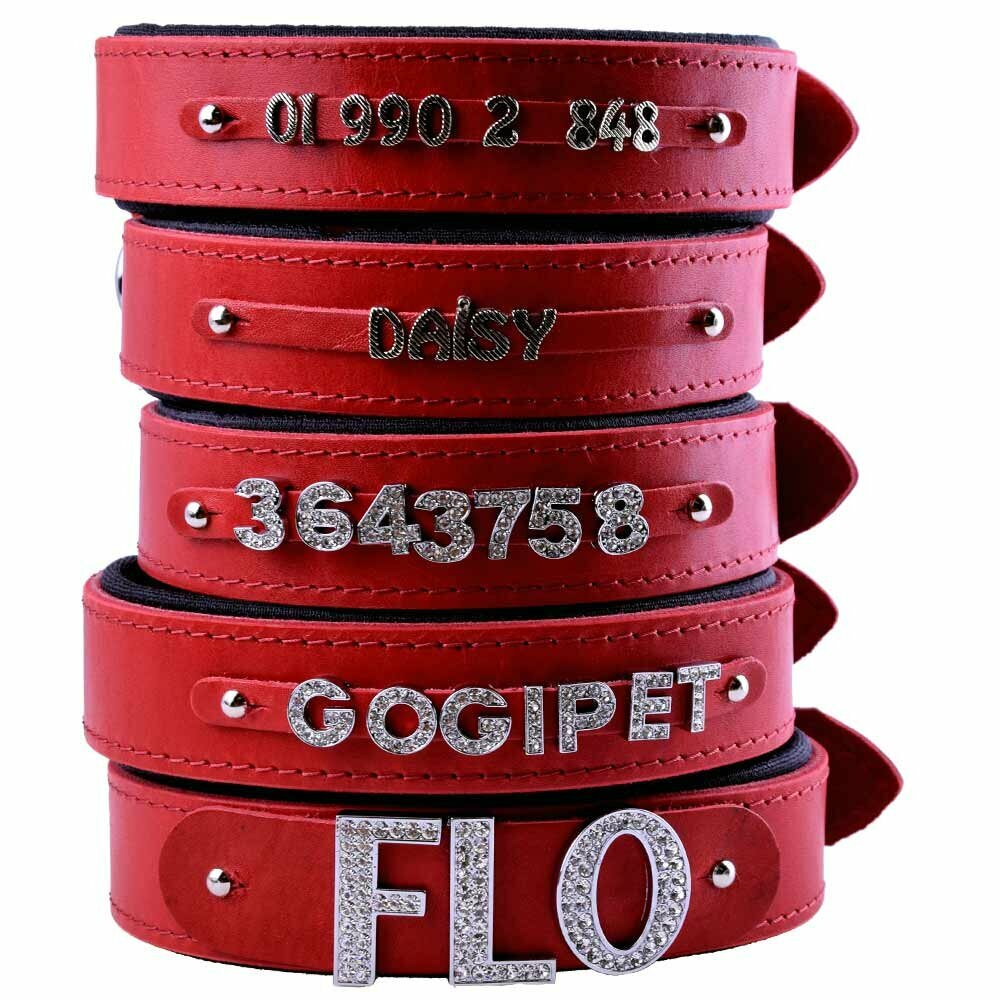 GogiPet® collar con nombre de cuero auténtico rojo 70 cm para letras