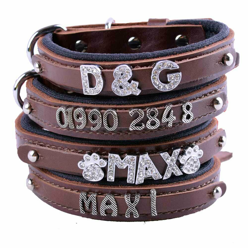 GogiPet® collar con nombre de cuero auténtico marrón con adaptador para letras
