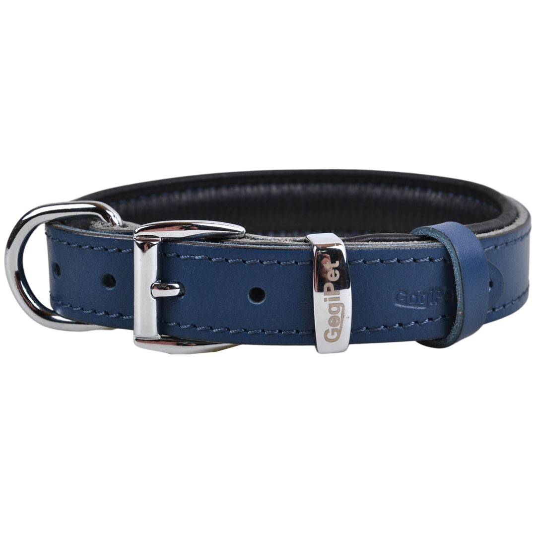 Collar para perros de cuero auténtico "First Class" de GogiPet®, azul hecho a mano