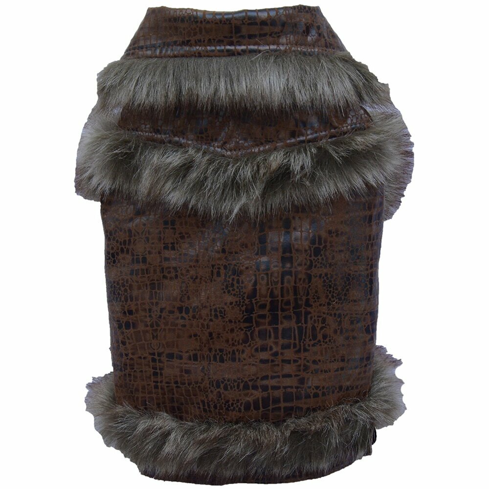 Lujoso y cálido abrigo para perros de piel de cocodrilo de imitación y cintura y cuello de pelo, marrón. DoggyDolly W033