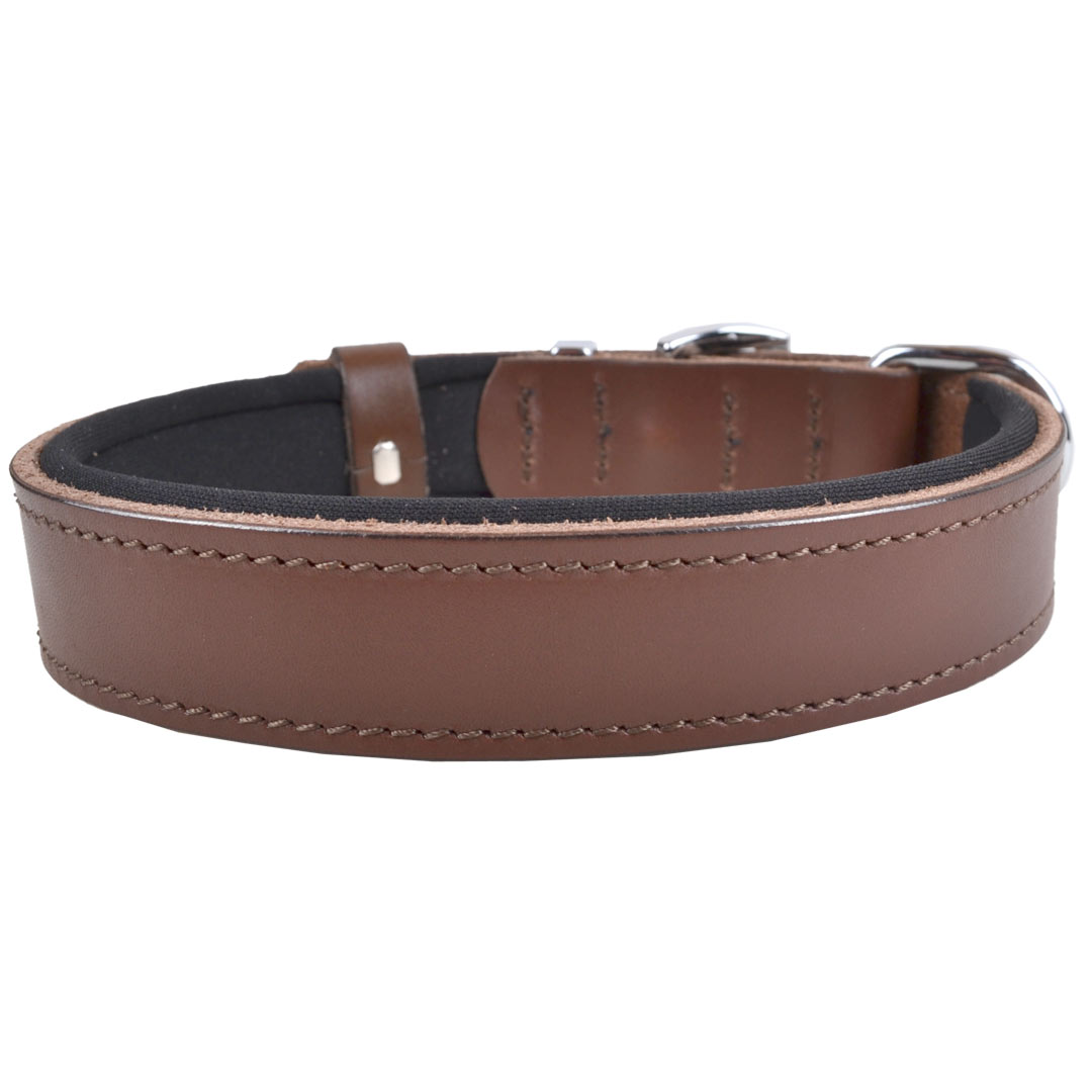 Collar para perros de cuero auténtico mod. Confort de GogiPet®, marrón con acolchado suave para comodidad de uso