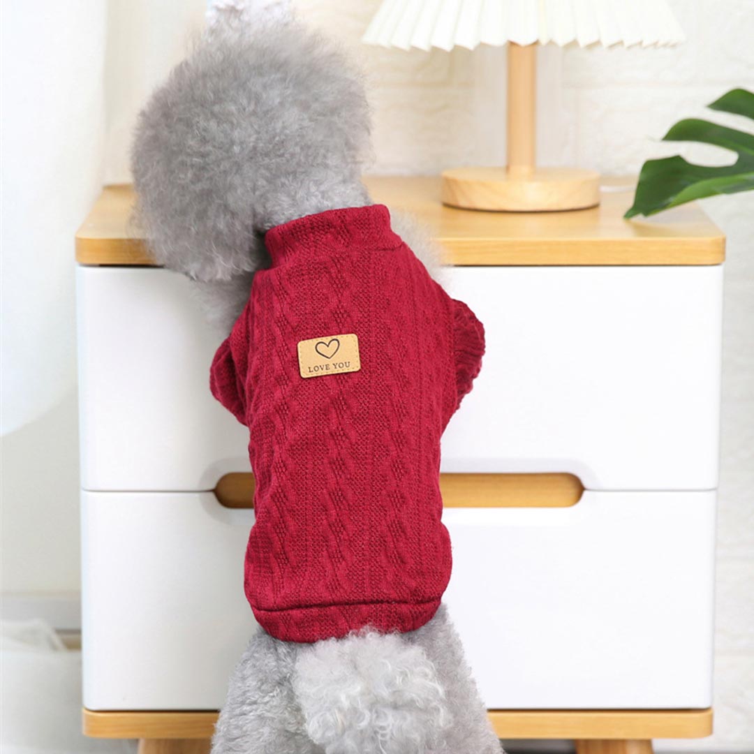 Cálido jersey para perros de punto trenzado con cuello alto - Ropa de invierno para perros
