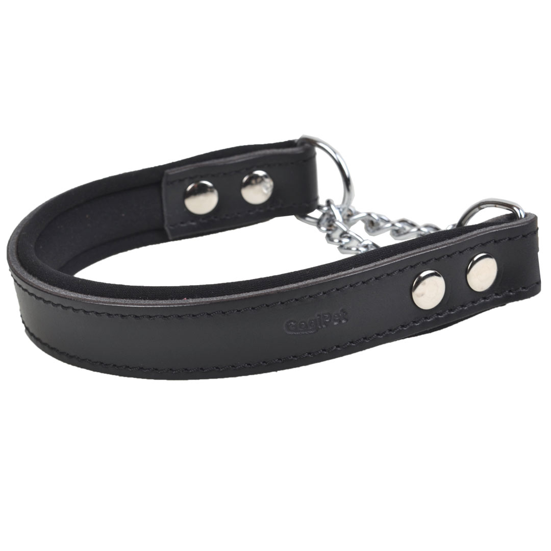 Collar de ahorque cómodo para perros de cuero negro acolchado con cadena de GogiPet® 