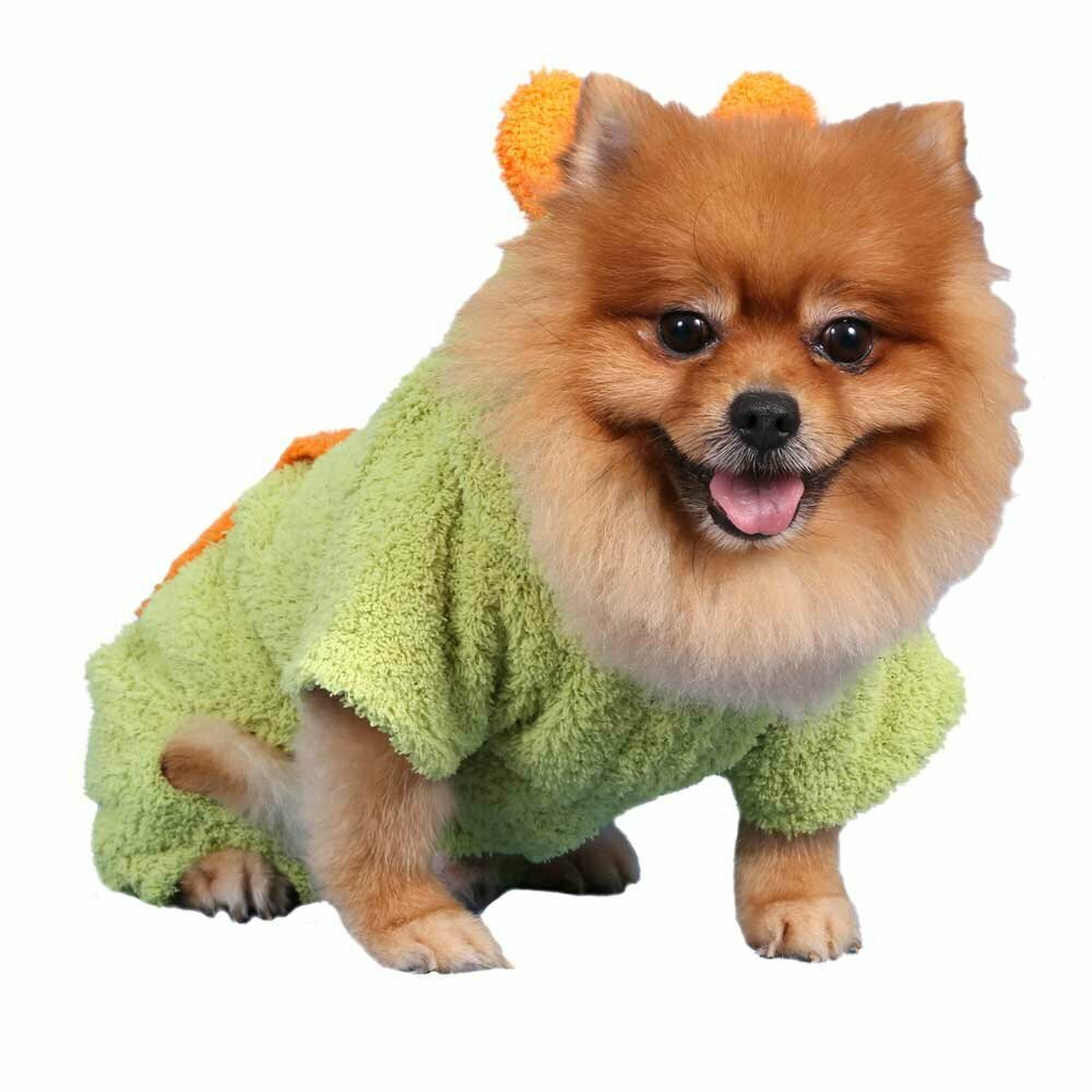 Suéter para perros cálido y suave en color verde y naranja, con divertida capucha y 4 mangas