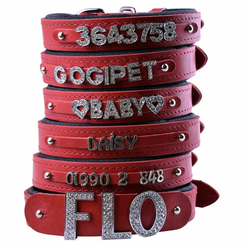 Collar para perros de cuero con letras, números y motivos modelo Confort de GogiPet®, rojo con acolchado suave