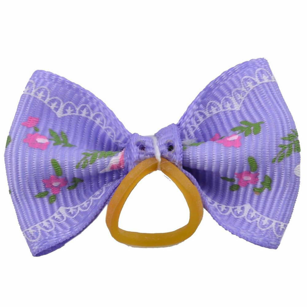 Lazo para el pelo lila con flores, de diseño encantador con goma elástica de GogiPet - Modelo Serafín