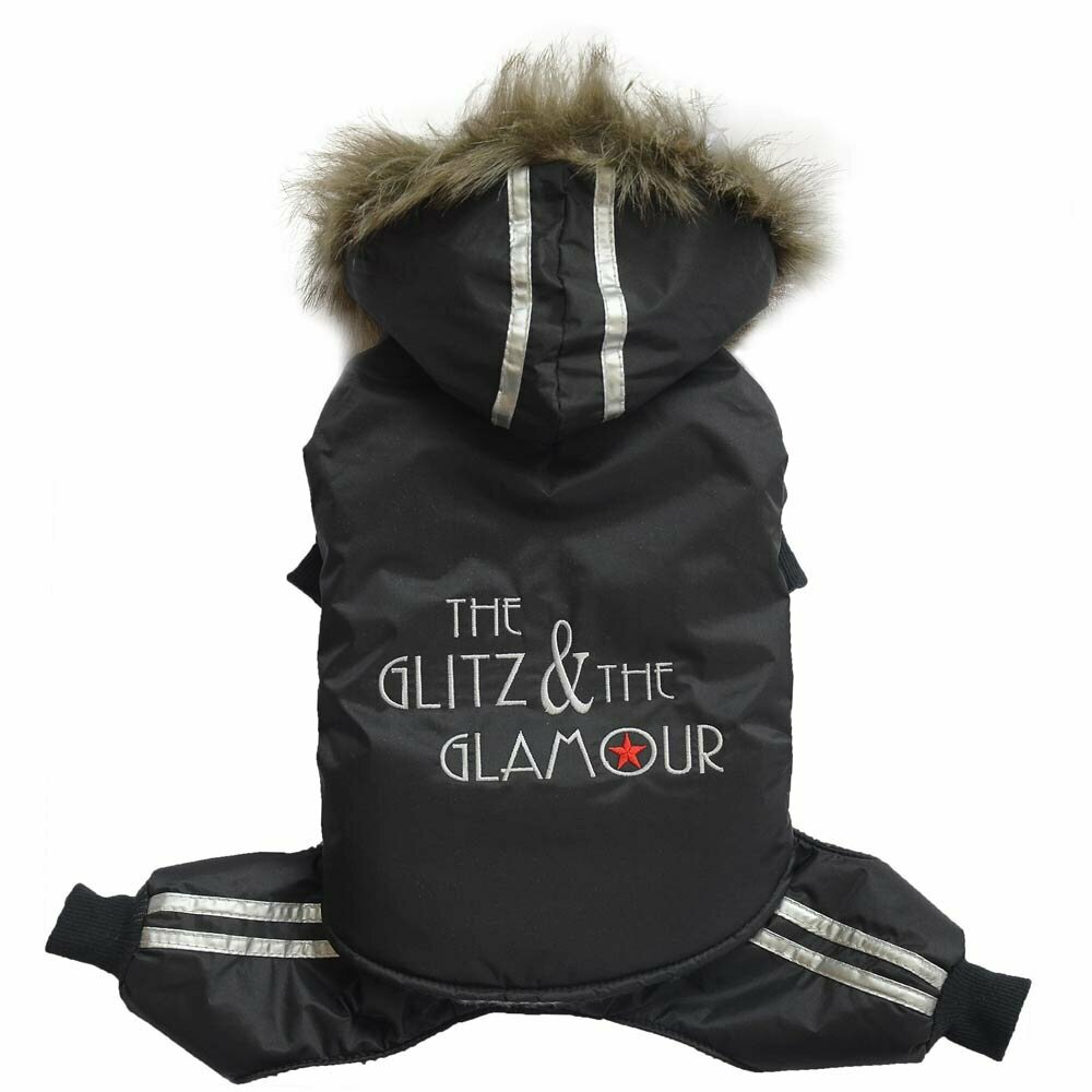 Anorak para perros "Glitz & Glamour" negro, con capucha y patas traseras desmontables