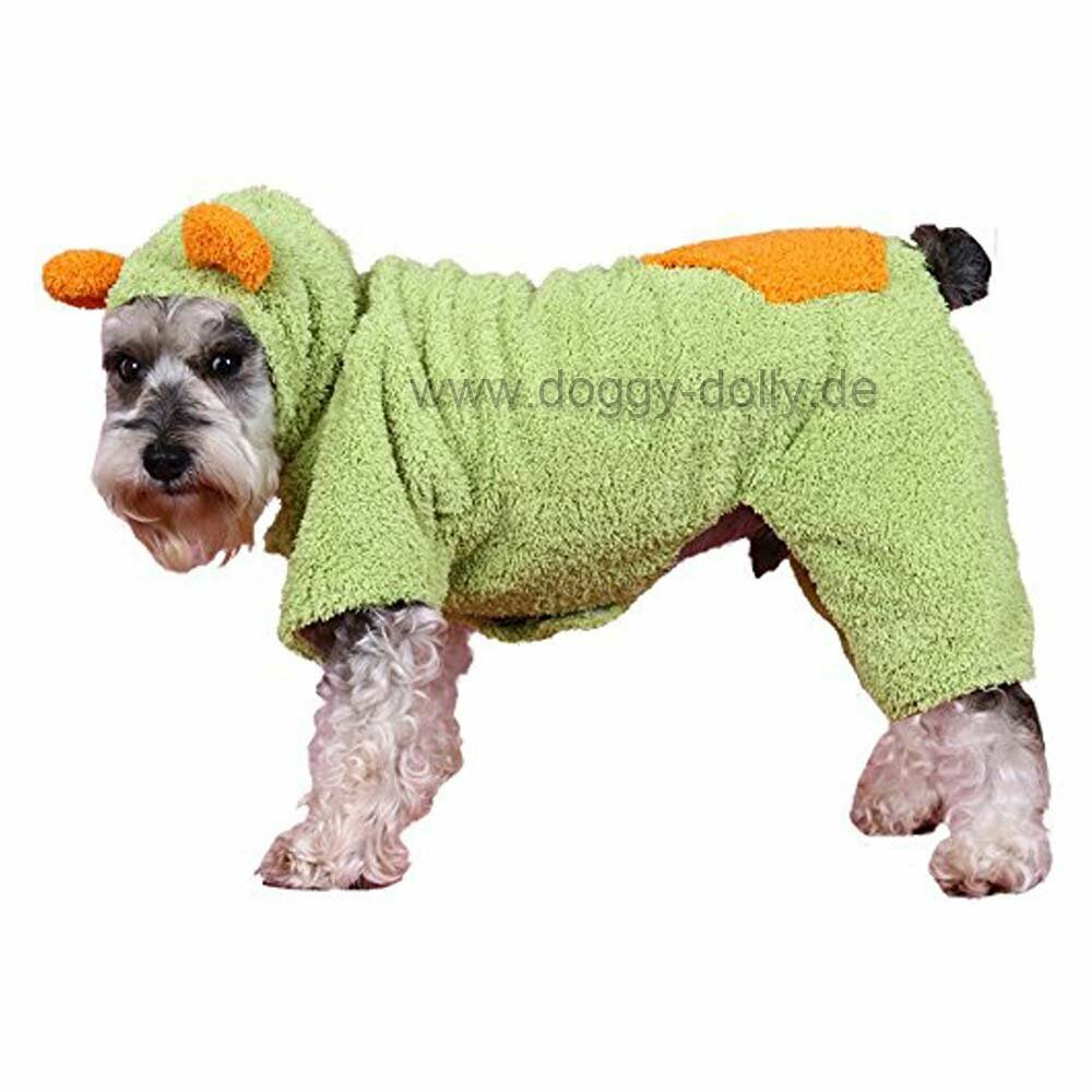 Divertido y esponjoso abrigo para perros verde y naranja con orejitas pequeñas en la capucha y 4 mangas