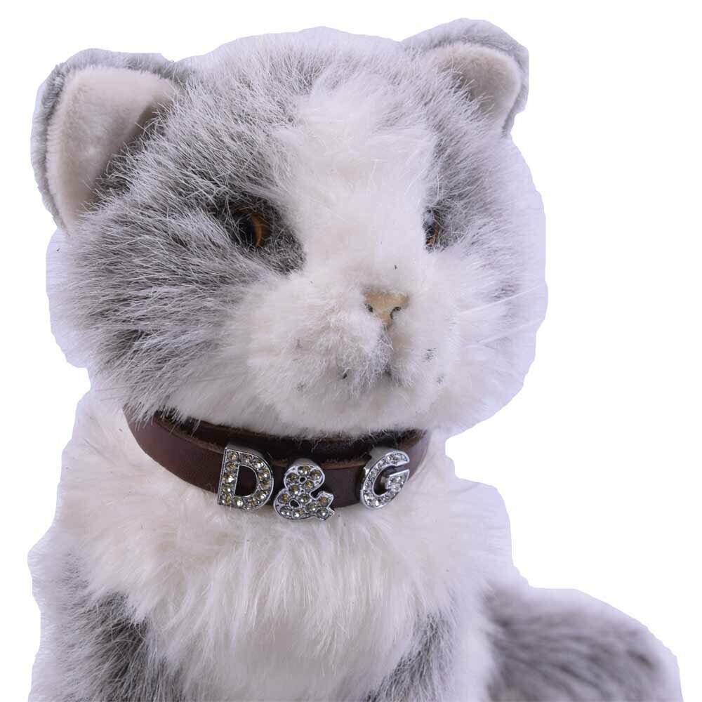 Collar para gatos y cachorros en cuero marrón personalizado GogiPet®, crea su propio collar con letras y números