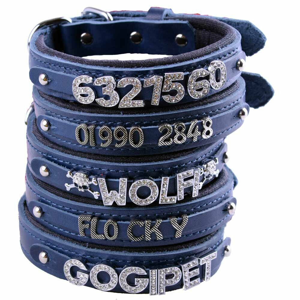 Collar para perros de cuero auténtico con nombre modelo Confort de GogiPet®, azul y diseñe su collar usted mismo