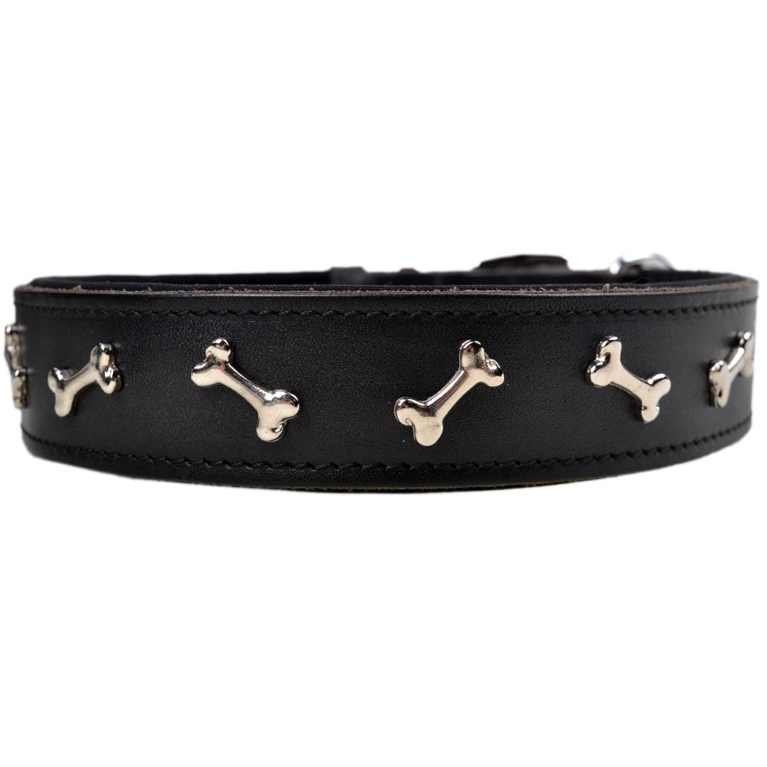 GogiPet hueso decoración comodidad collar de perro de cuero negro