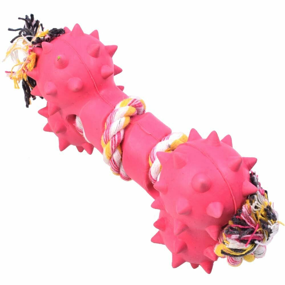 Hueso de goma rosa con pinchos y cuerda dental para morder, lanzar y recoger - Juguete para perros