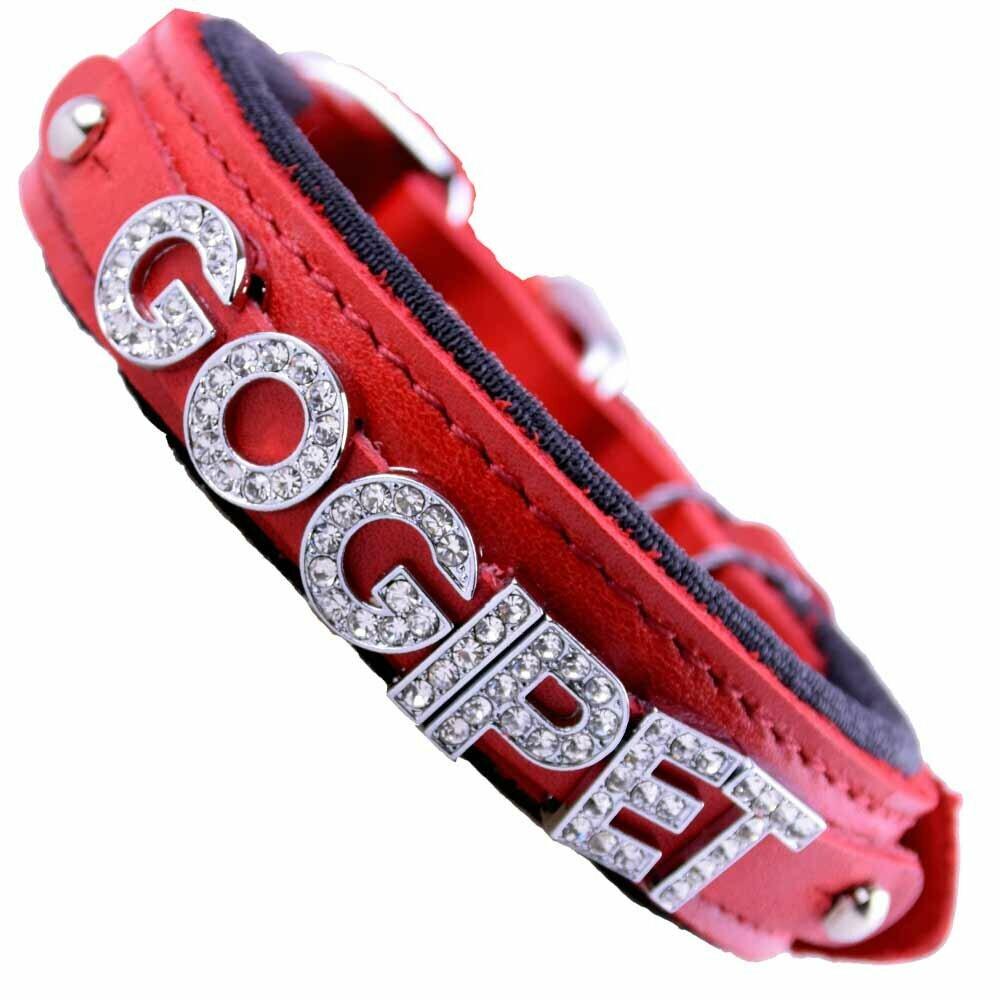 Collar para perros de cuero con brillantes letras, motivos o números de strass modelo Confort de GogiPet®, rojo