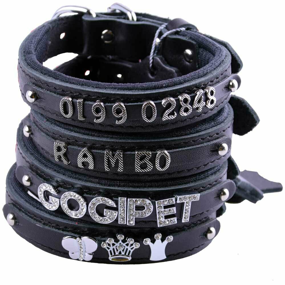 Collar para perros de cuero con nombre modelo Confort de GogiPet®, negro