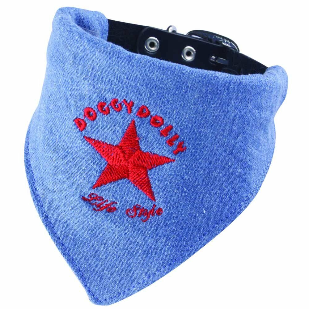 Bandana o pañuelo para perros triangular con estrella roja bordada e inscripción Life Style de DoggyDolly, en tela vaquera celeste