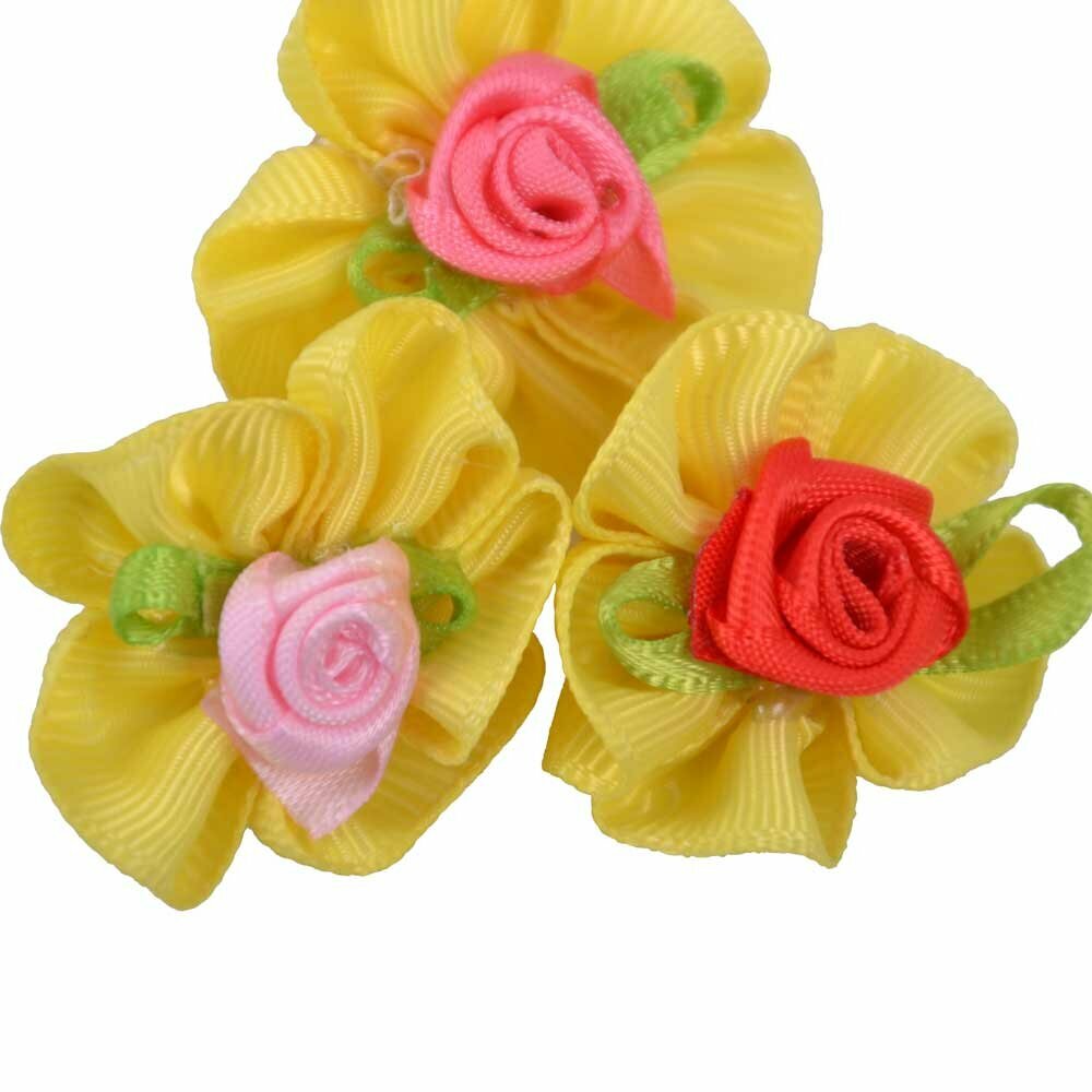 Lazo para el pelo en color amarillo con una rosa en el centro de diseño encantador con goma elástica de GogiPet - Modelo Rose