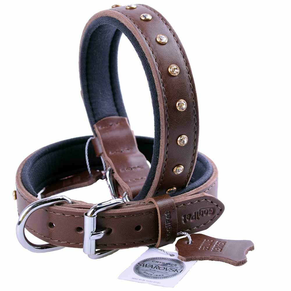 GogiPet® Swarovski collar de perro de cuero marrón con cristales Swarovski de alta calidad