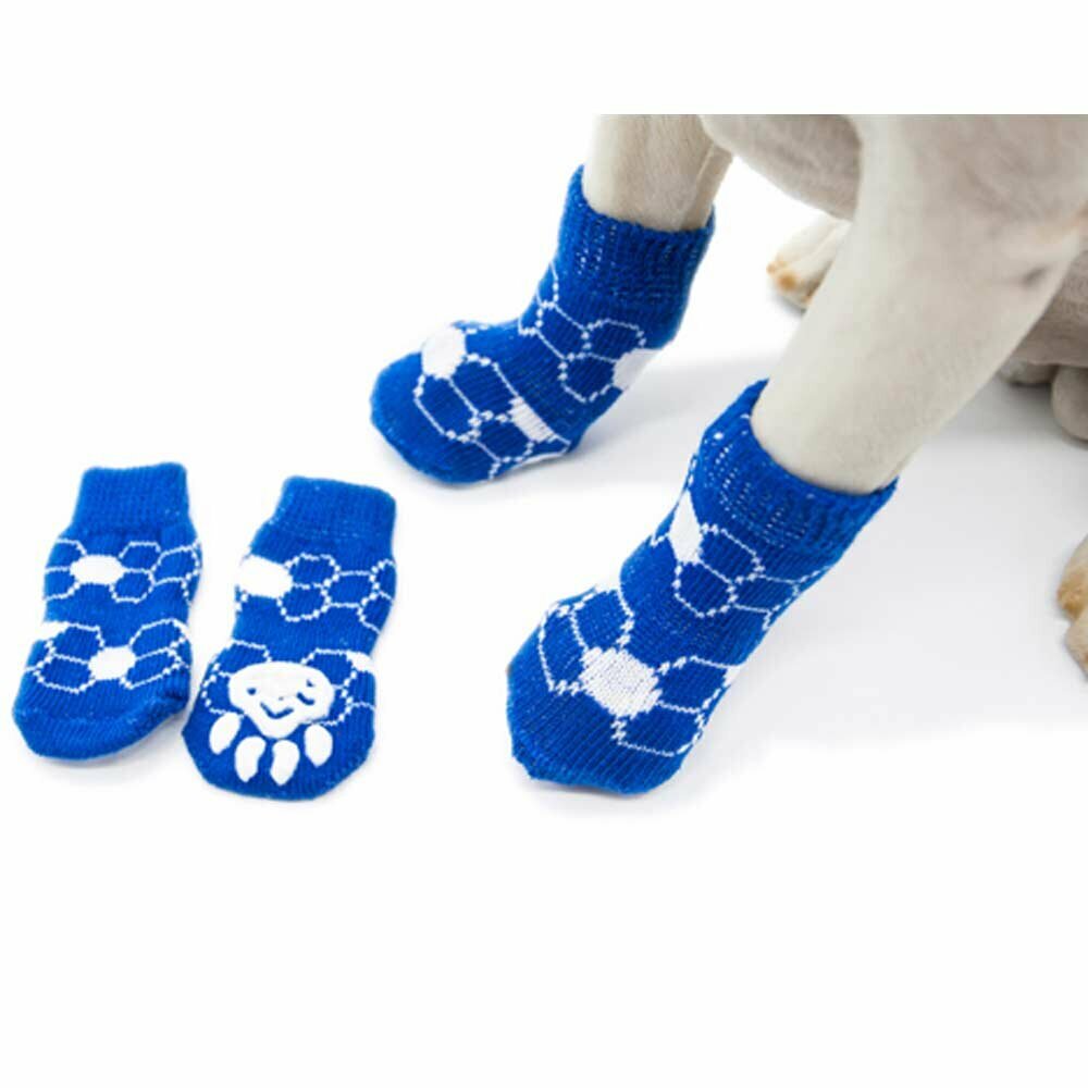 Calcetines antideslizantes para perros, azul con un patrón de círculos blancos