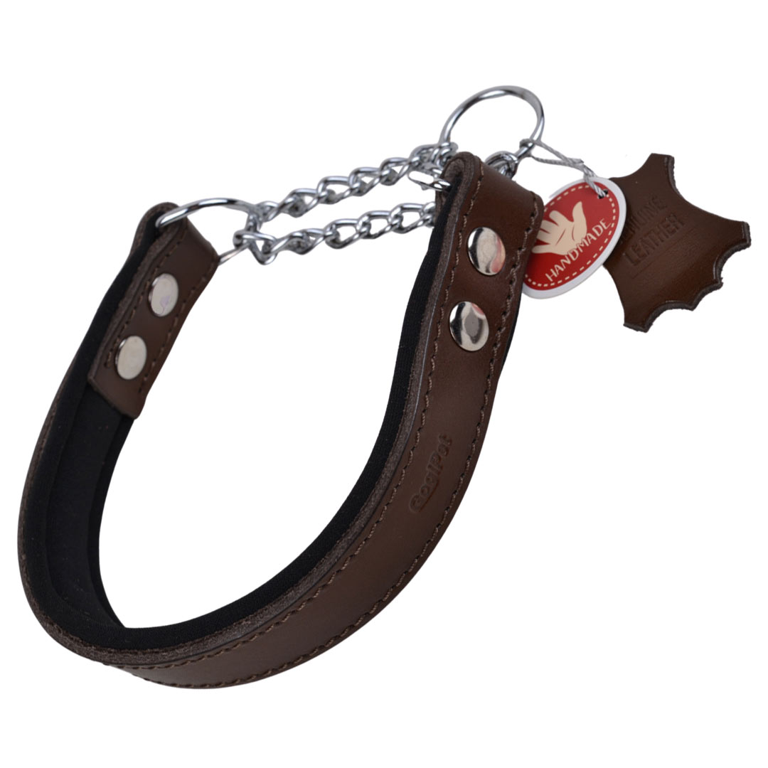Collar de ahorque para perros de cuero marrón genuino acolchado con cadena de GogiPet® 