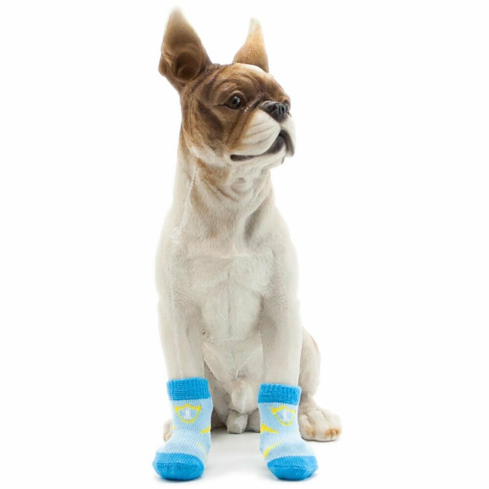 Calcetines antideslizantes para perros GogiPet, azul bebe con raya amarillas