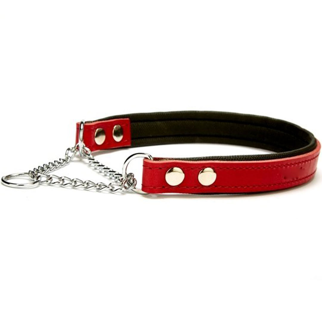 Collar de ahorque para perros de cuero acolchado rojo con cadena de GogiPet