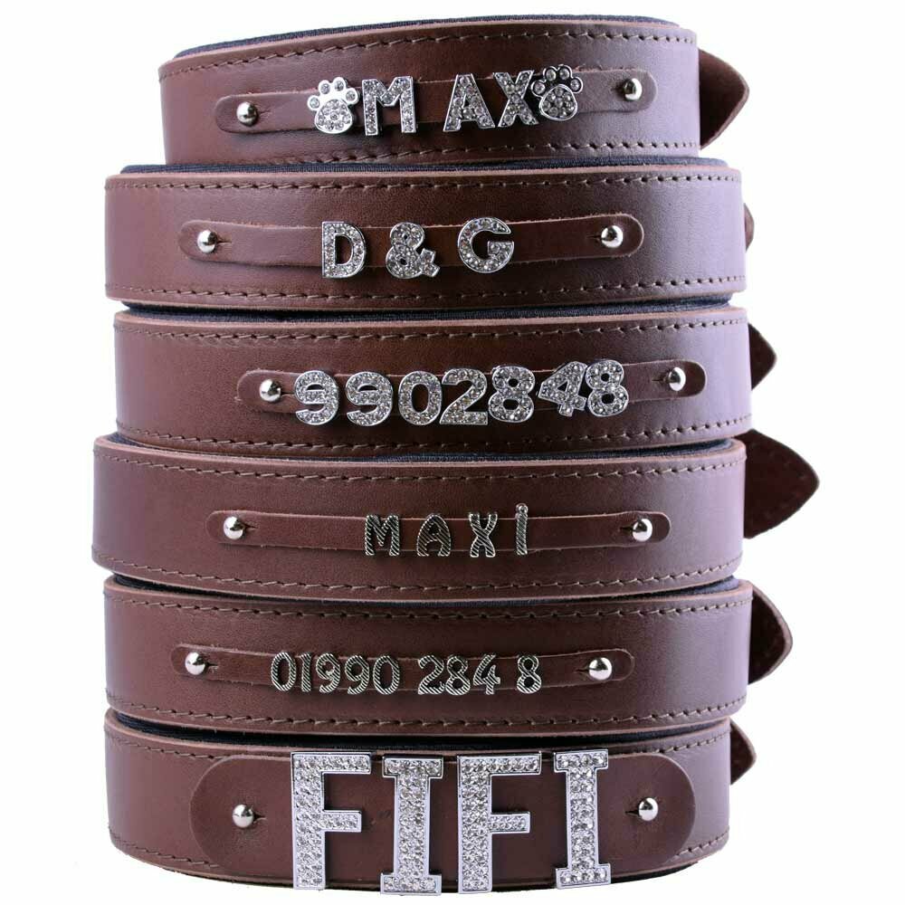 Collar para perros de cuero con letras, números y motivos modelo Confort de GogiPet®, marrón con acolchado suave