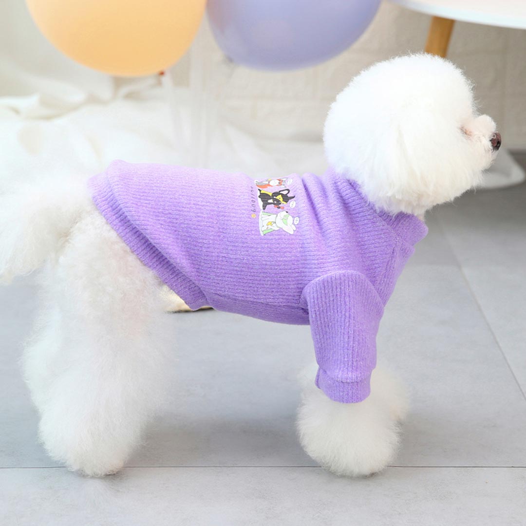 Cálido y bonito suéter para perros con Superhéroes caninos en color lila