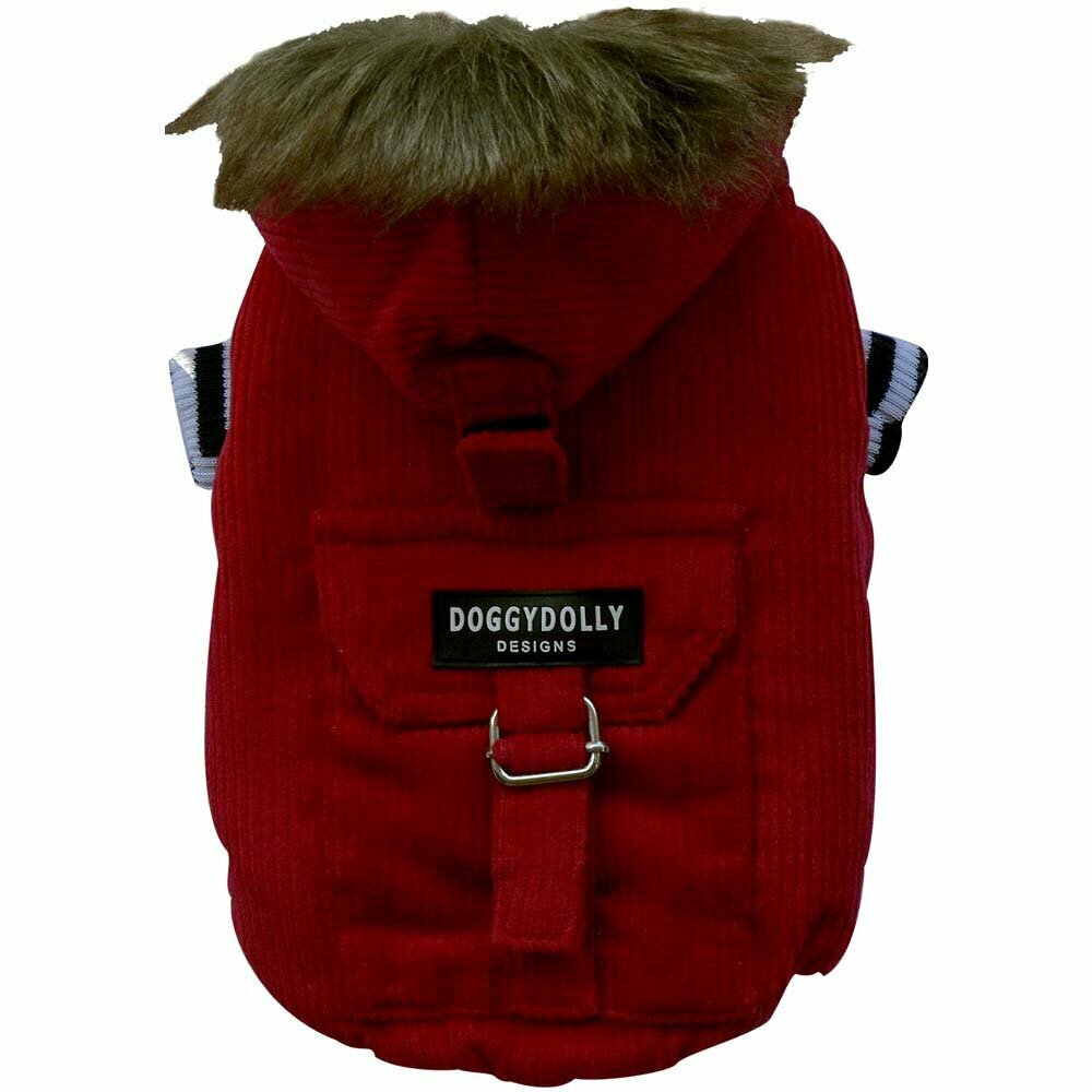 Cálida chaqueta de pana para perros con capucha tipo esquimal, roja - DoggyDolly moda para perros W082