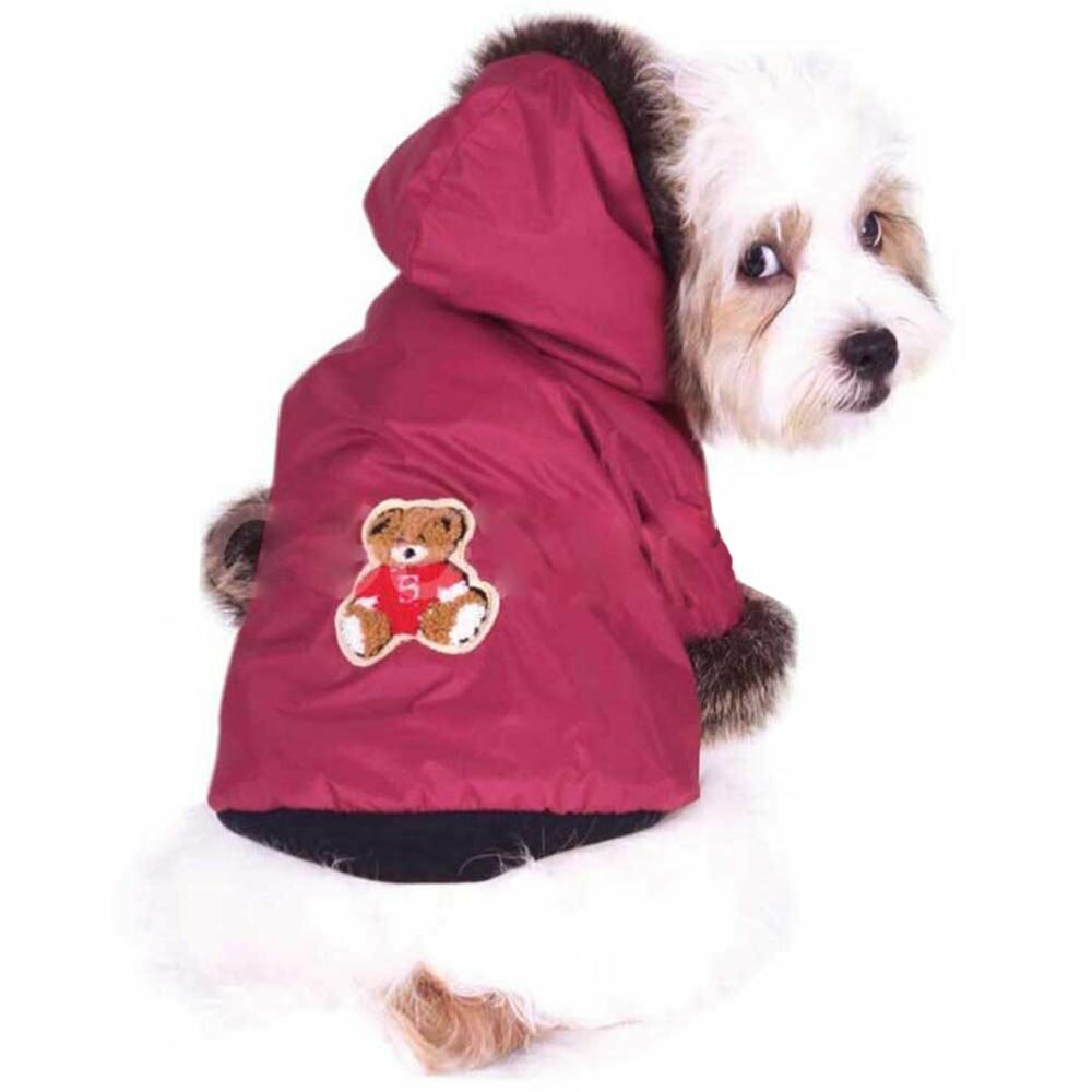Cálido anorak para perros en color rojo burdeos, con capucha de DoggyDolly W011