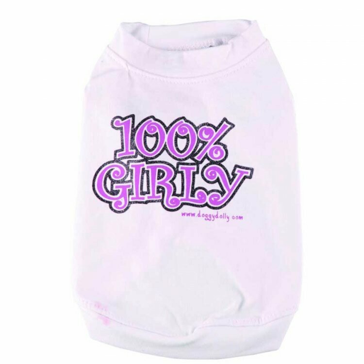 Camiseta para perros con inscripción 100% Girly lila de DoggyDolly, blanca