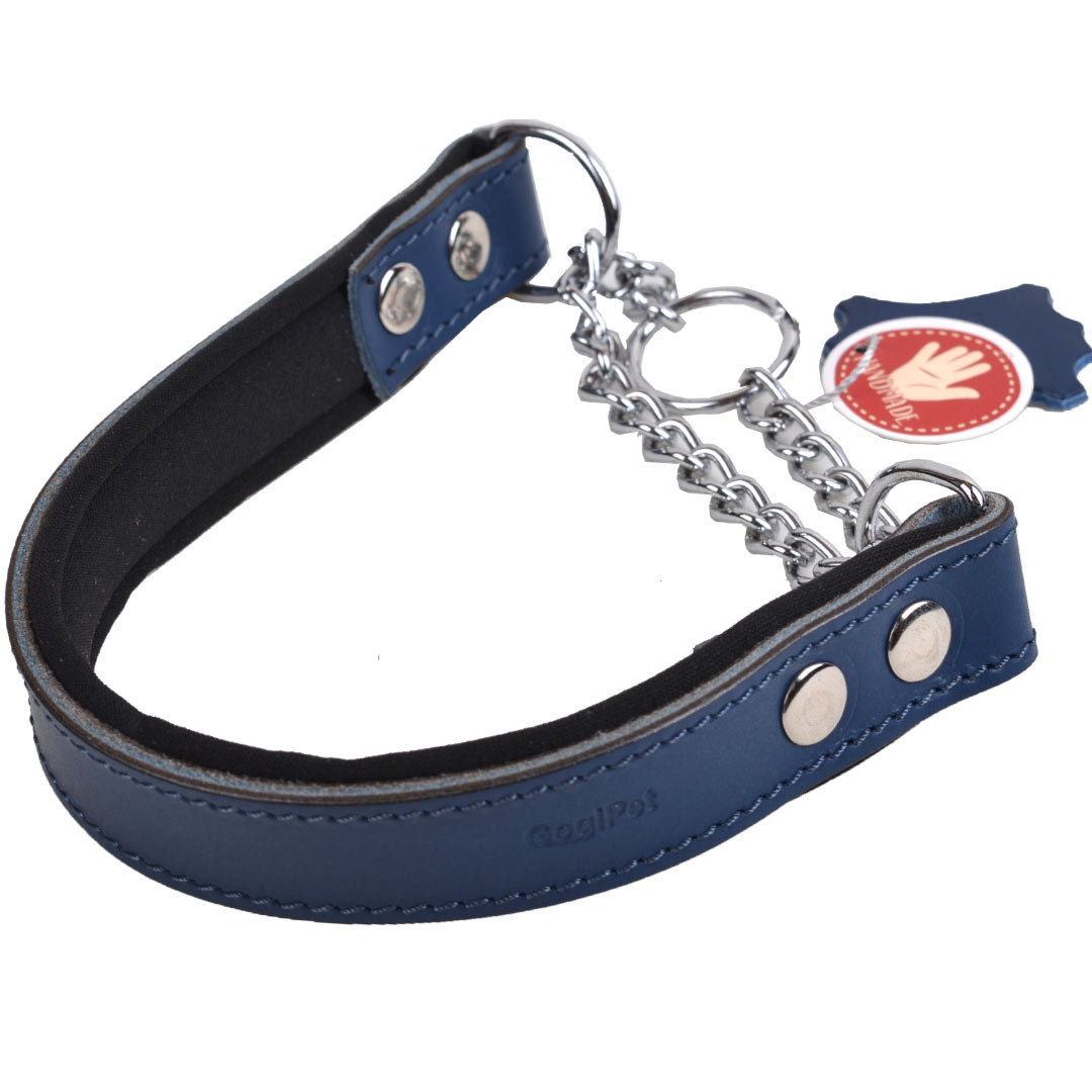 Collar de ahorque para perros de cuero azul acolchado con cadena de GogiPet®, fácil de poner y quitar