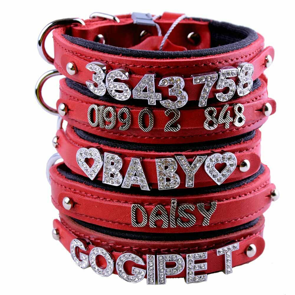 GogiPet ® collar con nombre de cuero real rojo para letras y números