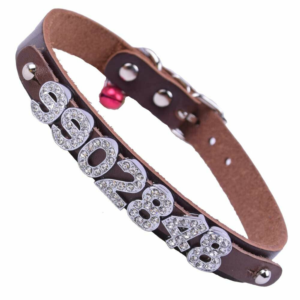 Collar para gatos y cachorros en cuero marrón personalizado GogiPet® con letras, números y motivos