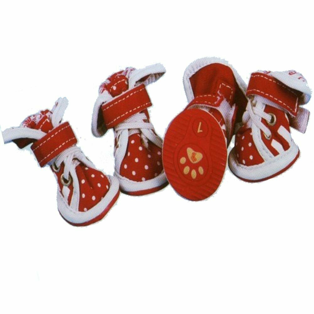 Zapatos para perros rojos con puntos y rayas blancas de DoggyDolly.