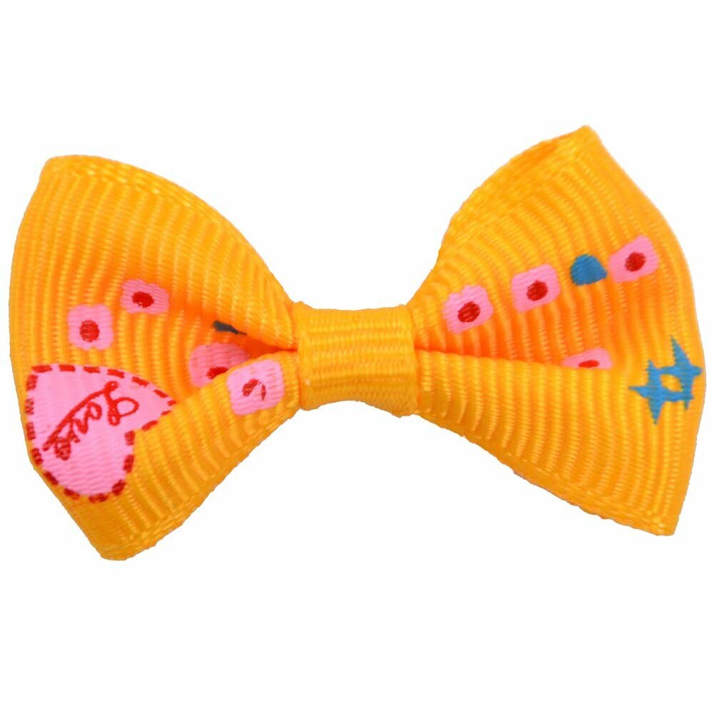 Lazo para el pelo de perros con goma elástica de GogiPet, en color naranja con flores y corazones - Modelo Corazón