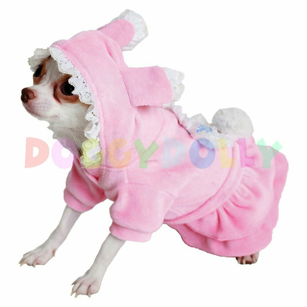 Vestido para perros de tejido nicki "Conejo rosa" de DoggyDolly con volantes