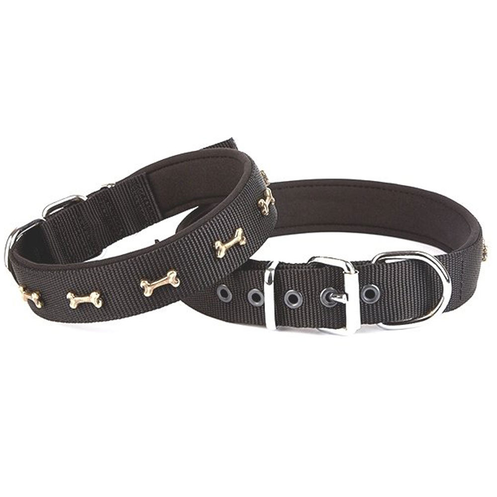 Collar para perros acolchado Confort de GogiPet®, negro con huesos de metal