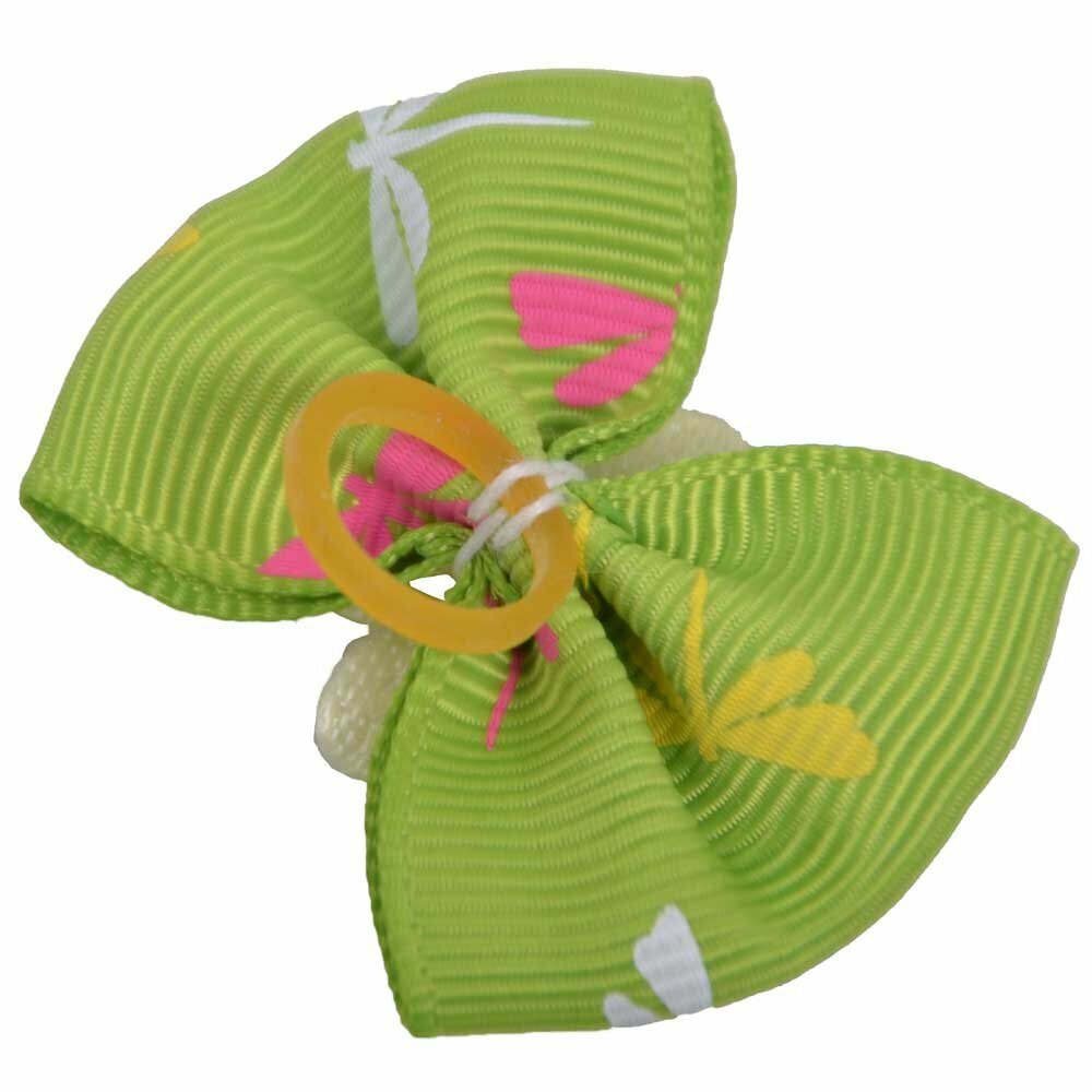 Lazo para el pelo verde con libélulas de colores y piedra brillante en medio de una flor, de diseño encantador con goma elástica de GogiPet