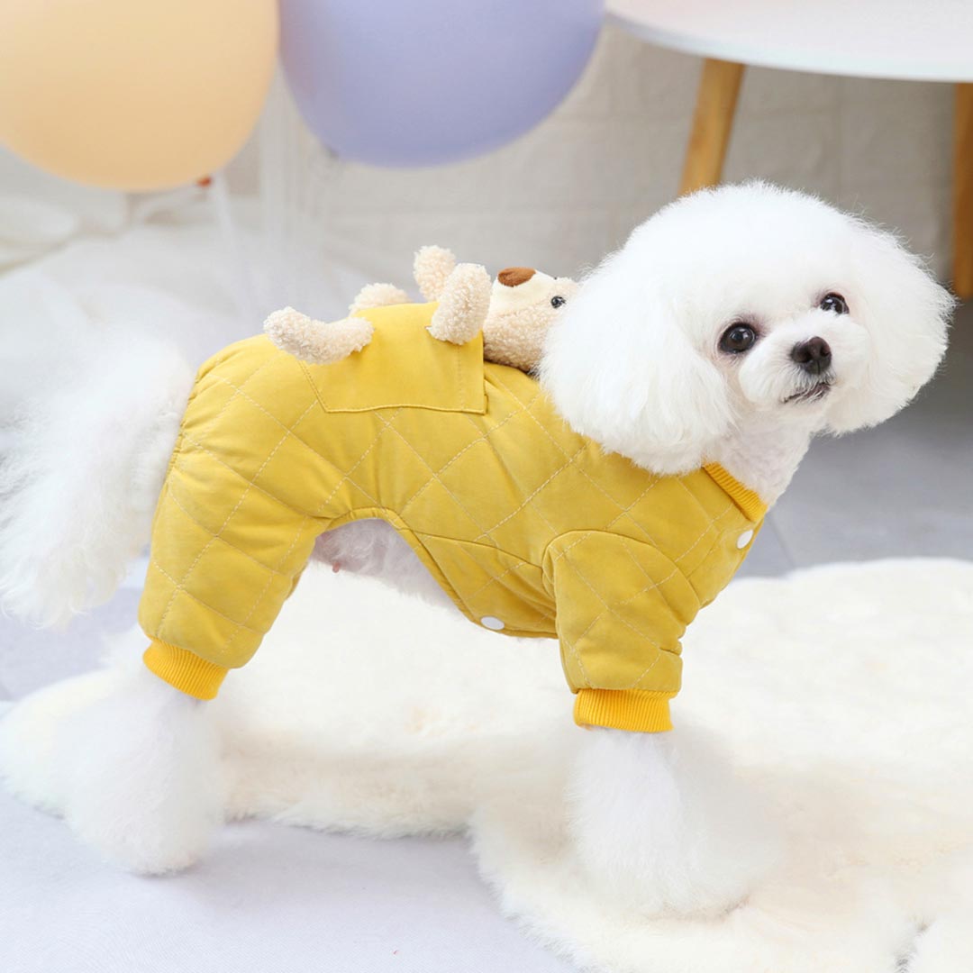 Cálido mono amarillo para perros con simpático oso de peluche en bolsillo trasero