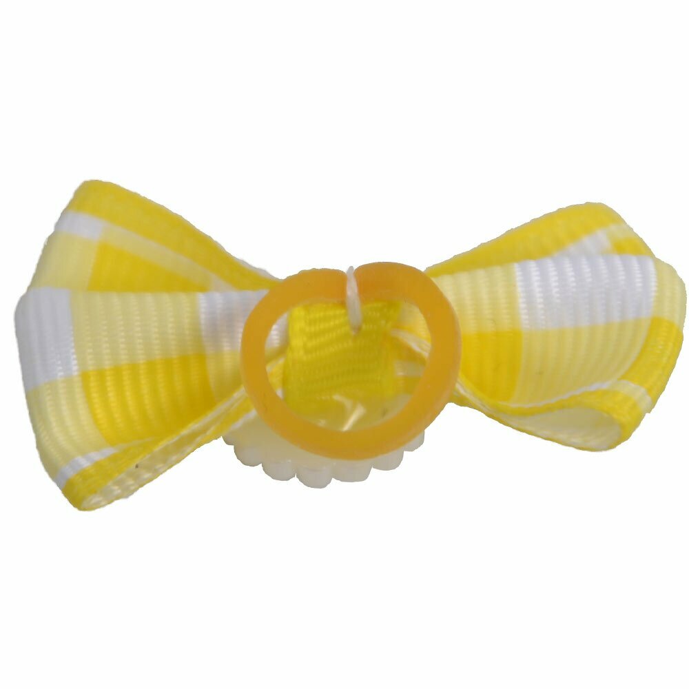 Lazo para el pelo con perla decorativa y cuadros en tonos amarillos y blancos de diseño encantador con goma elástica de GogiPet - Modelo Macarena