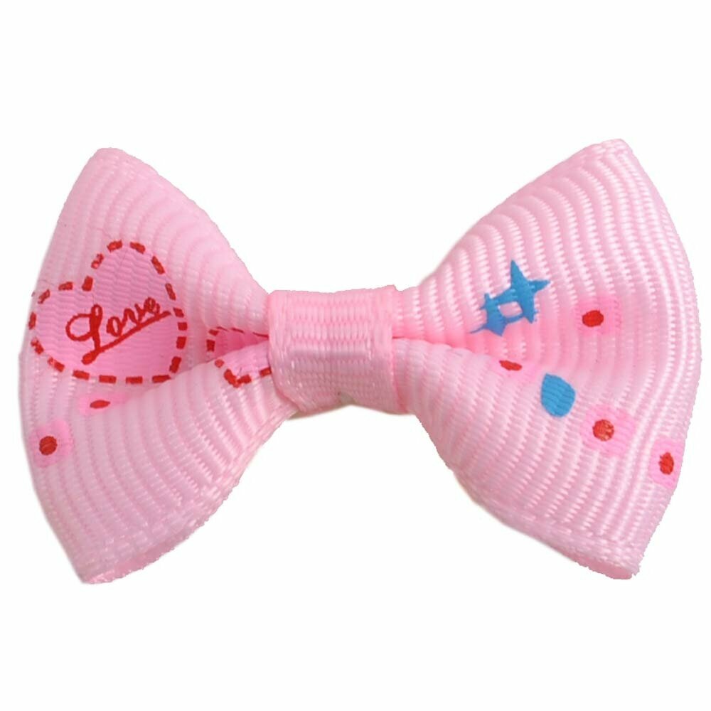 Lazo para el pelo de perros con goma elástica de GogiPet, en color rosa con flores y corazones - Modelo Corazón