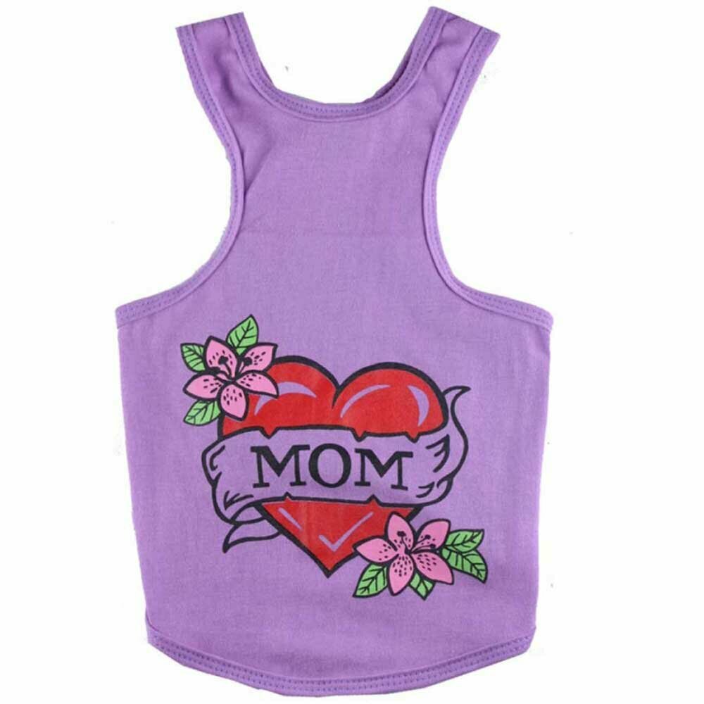 Camiseta de tirantes para perros grandes en color lila con corazón rojo e inscripción en la espalda "Mom". DoggyDolly BD168