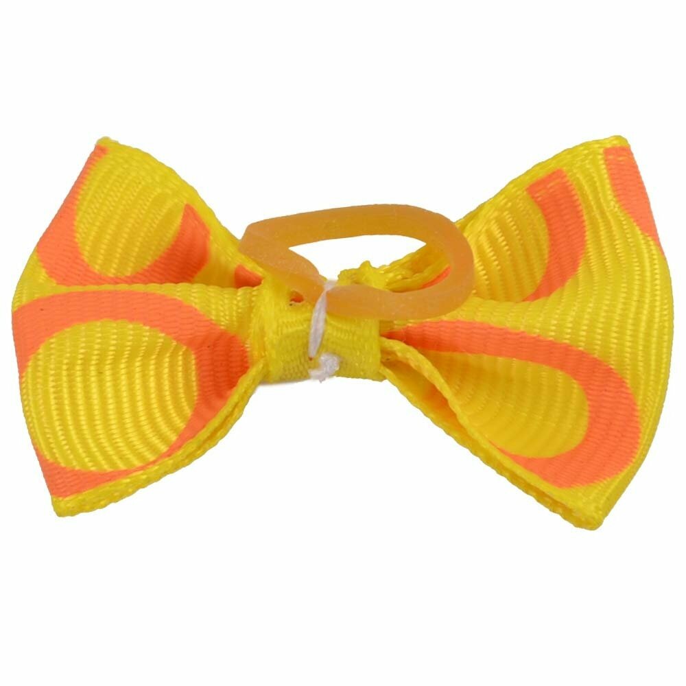 Lazo para el pelo en color amarillo con círculos naranjas de diseño encantador con goma elástica de GogiPet - Modelo Camila