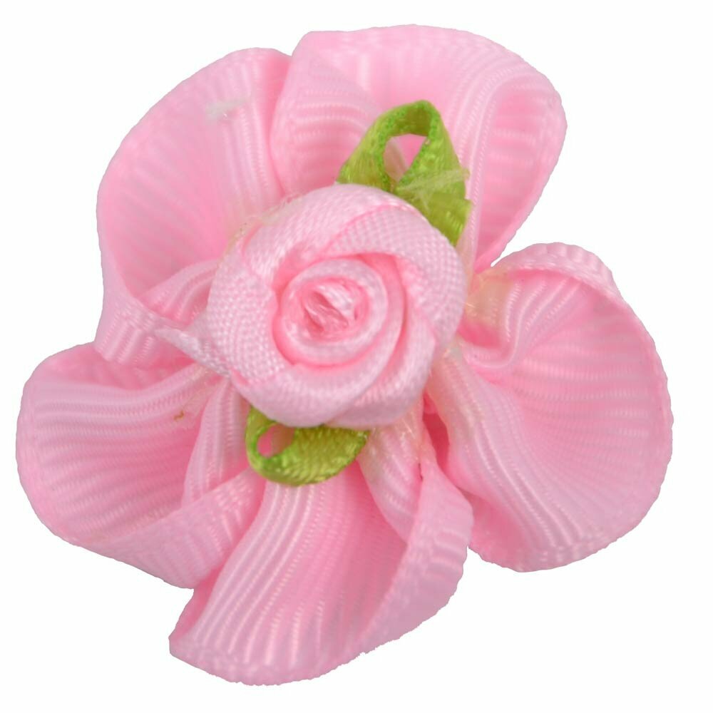 Lazo para el pelo de perros con goma elástica de GogiPet, en color rosa pastel con una rosa en el centro - Modelo Rose