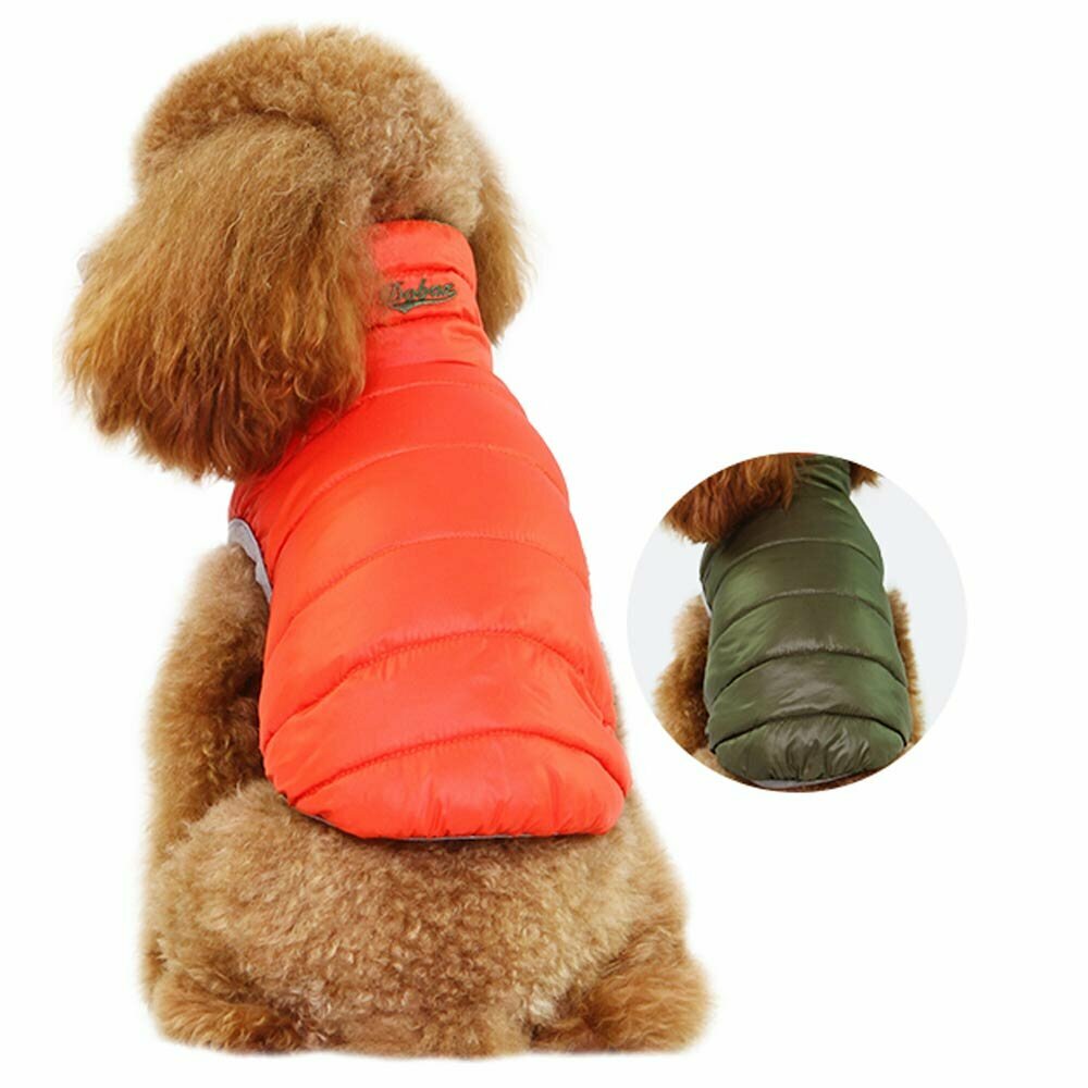 Chaleco plumón reversible para perros GogiPet, verde y naranja, con plumónes reales de alta calidad