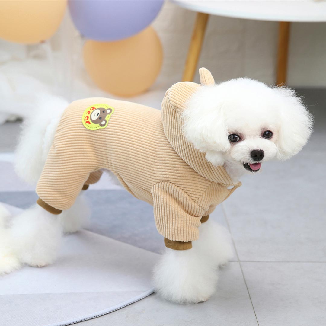 Cálido abrigo para perros de pana beige con simpática capucha con orejas de oso, interior de forro polar, puños acanalados, ideal para el invierno