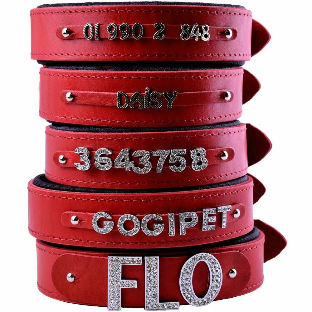 GogiPet® collar con nombre de cuero auténtico rojo 60 cm con adaptador