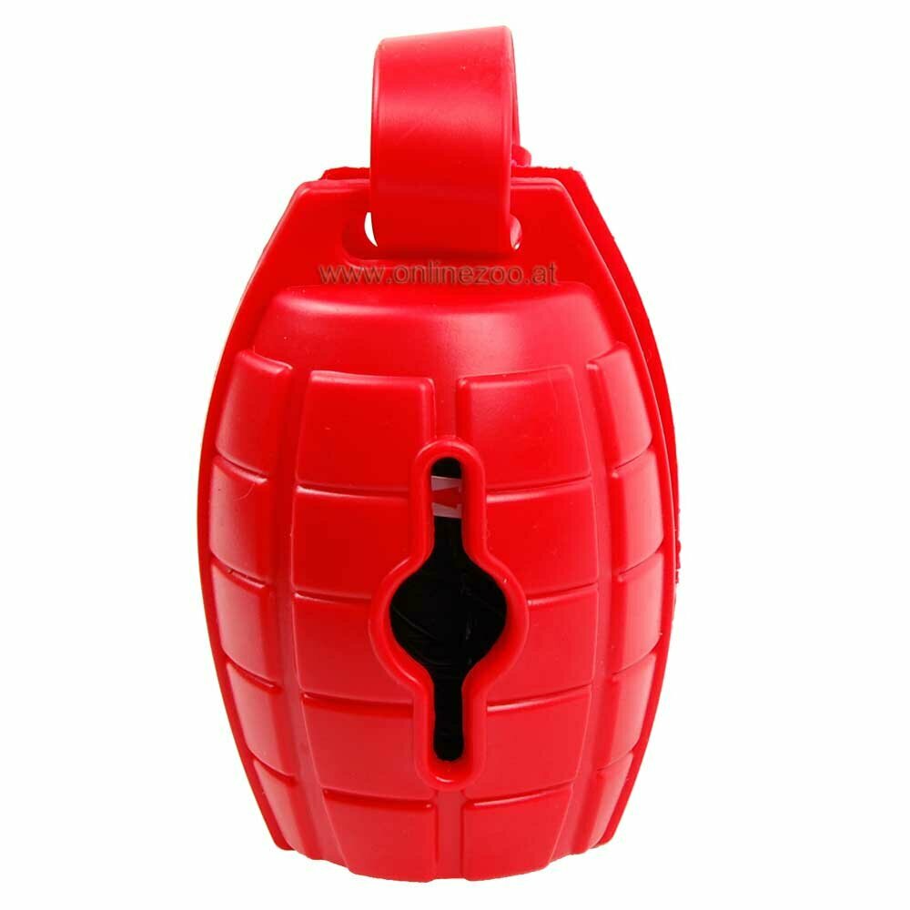 Dispensador de bolsas higiénicas, con diseño militar de granada de mano roja.